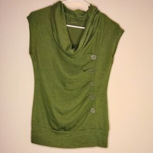 Green (Size S/M) Cowl Neck Faux Button Cap Sleeve Top